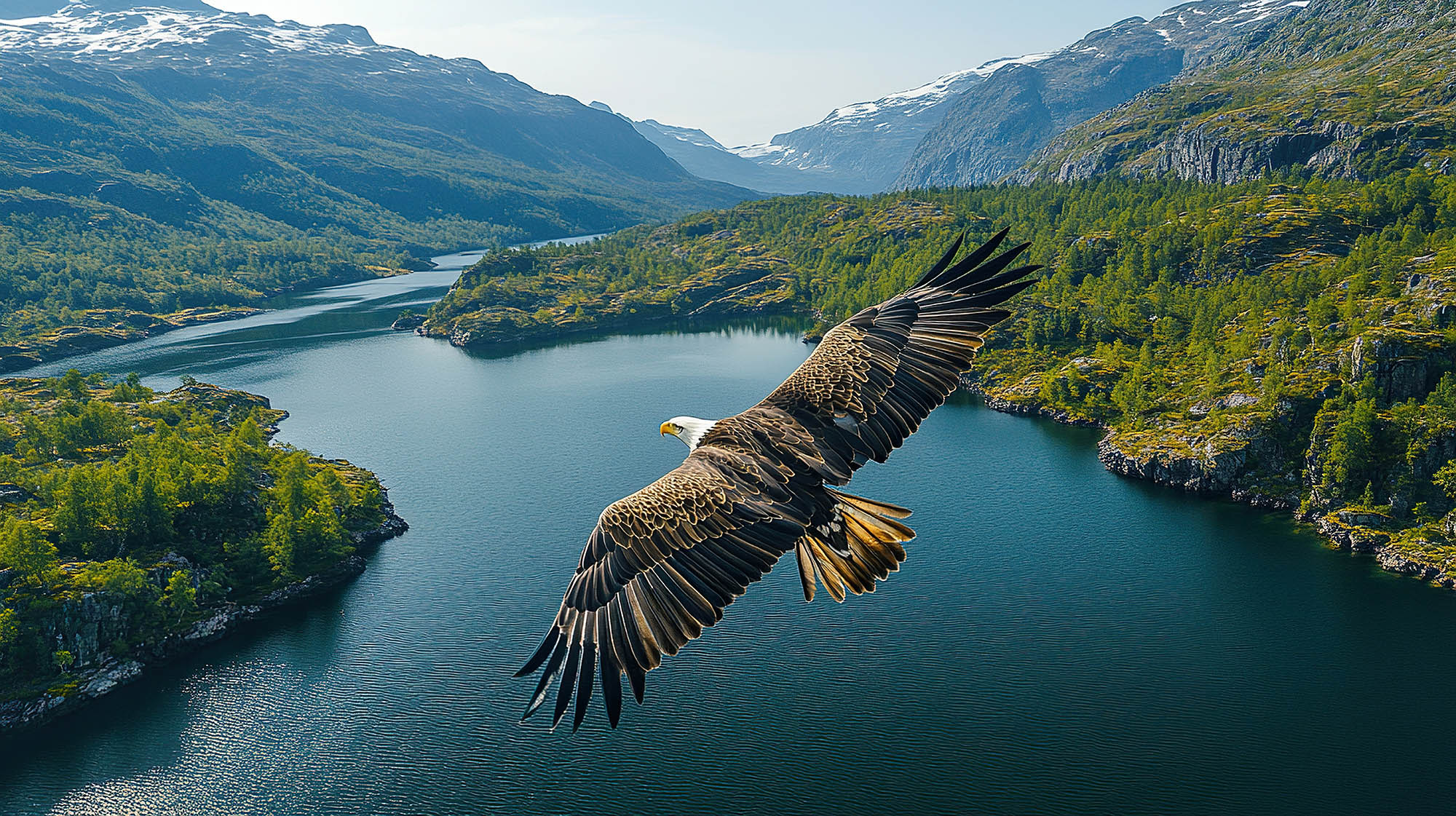 Eagle in sky over a river
